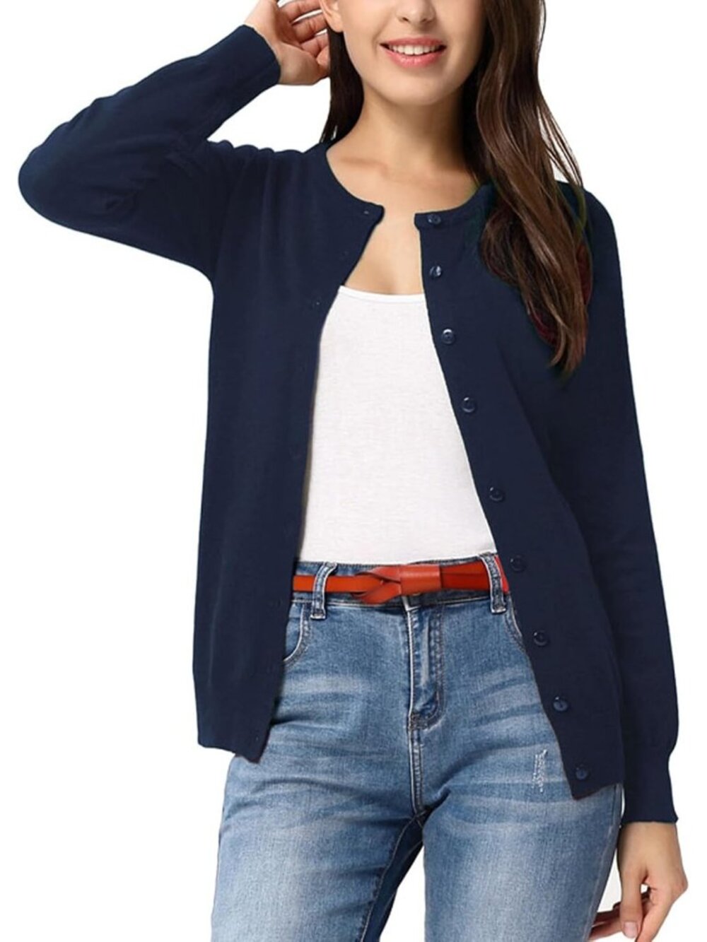 🆕Women's Navy Blue Crew-neck Knit Cardigan Sweater Lightweight Button Up